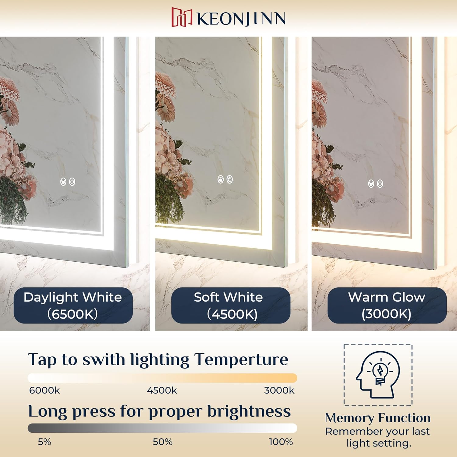 Keonjinn 50" x 36" Bathroom LED Mirror, Front & Back Lighted Mirror for Bathroom Wall, Tempered Glass, Safe Defogger, 3 Color Temperature, Dimmable, Memory Function, Light Up Vanity Mirror