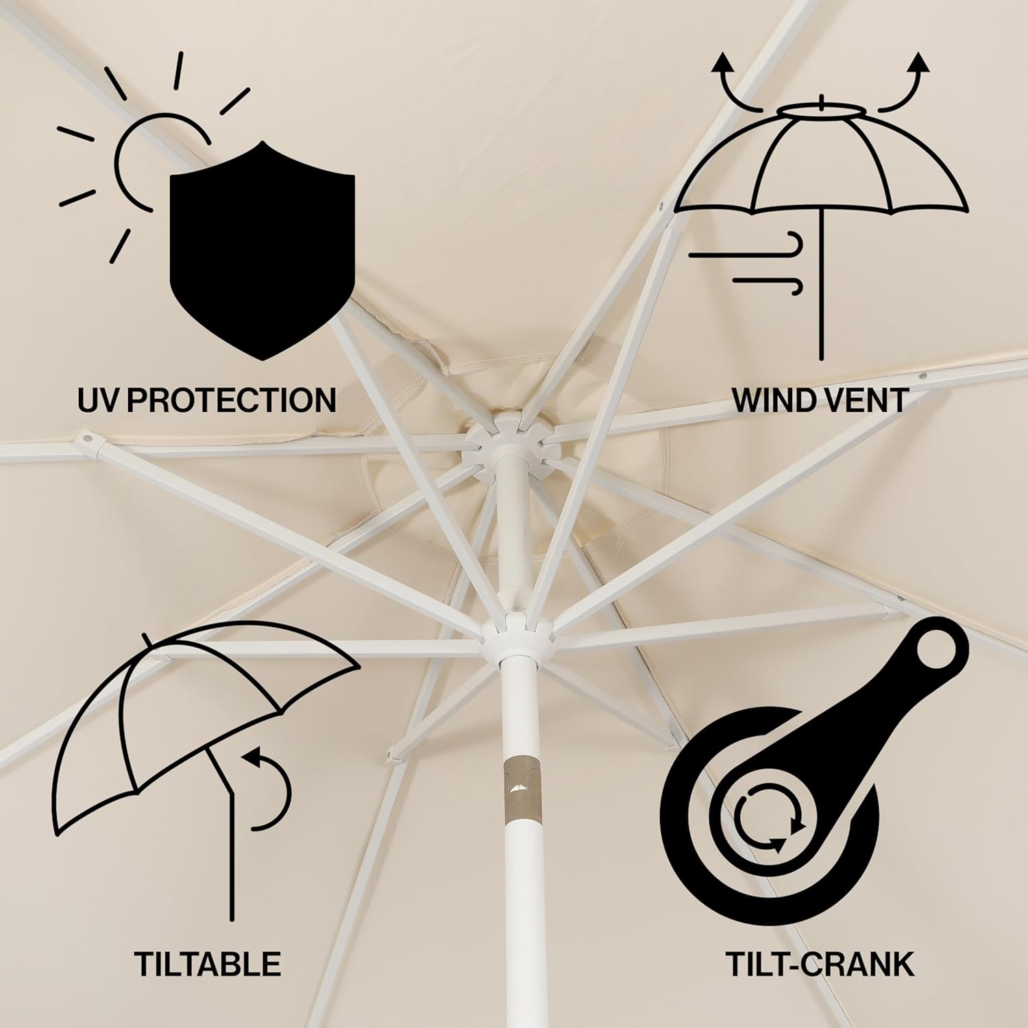 JONATHAN Y UMB1002C Tracy 9 ft. Classic MidCentury Scalloped Fringe Market Patio Umbrella with Auto-Tilt  Crank  Wind Vent and UV Protection in Cream/White