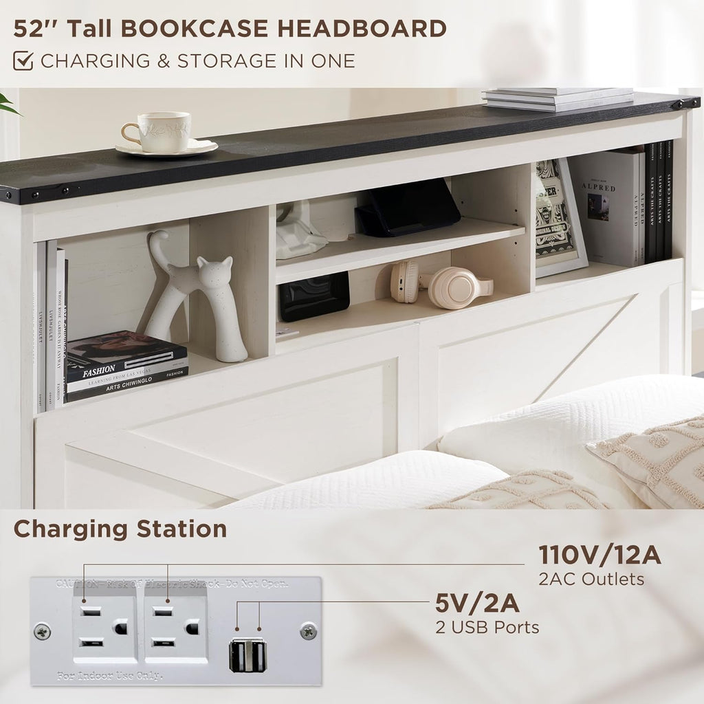 ACCOHOHO King Bed Frame Farmhouse with 52" Storage Bookcase Headboard, 4 Drawers Wooden Bed Frame, LED Light, Charging Station - White