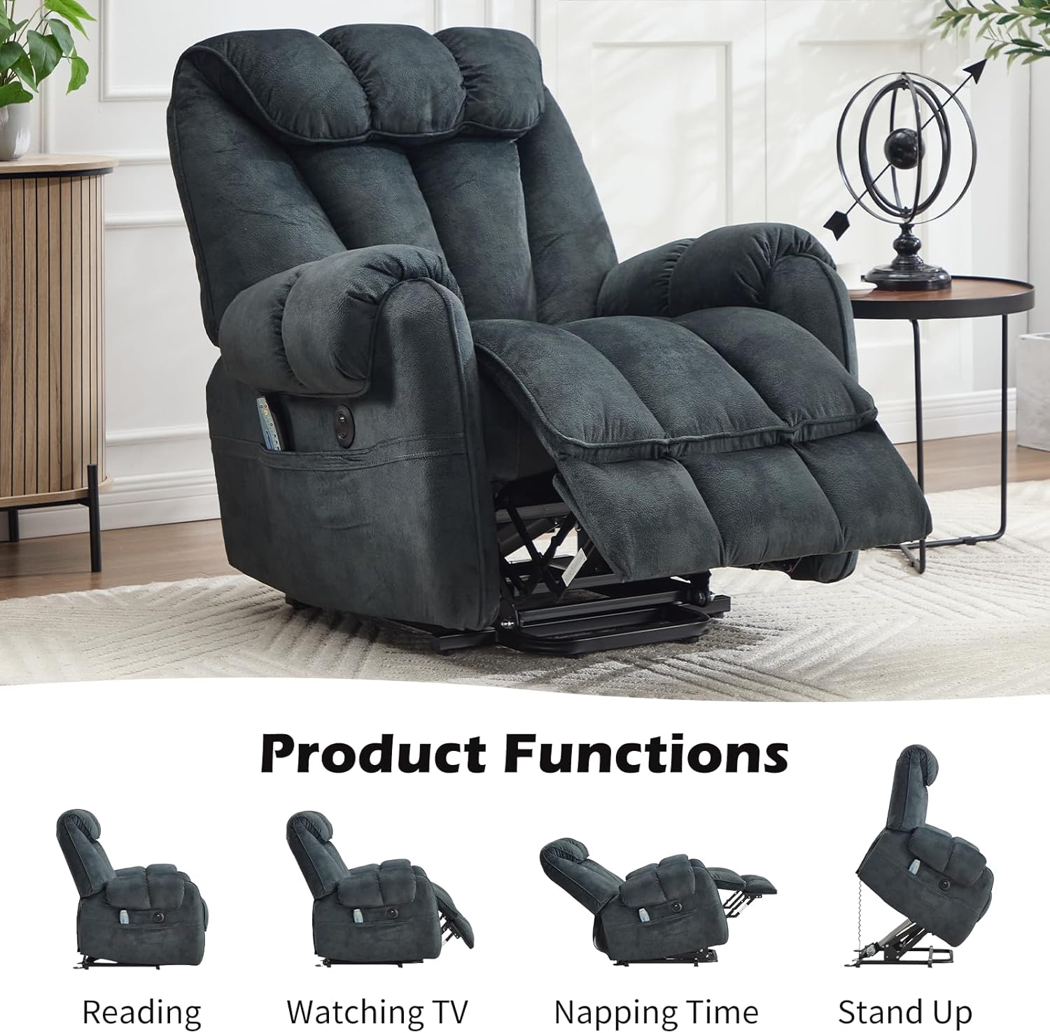 CANMOV Power Lift Recliner Chair for Elderly with Massage & Heat, Overstuffed Recliner Chairs for Adults, Electric Recliners with Type-C & USB Port, Side Pockets, for Living Room, Grey