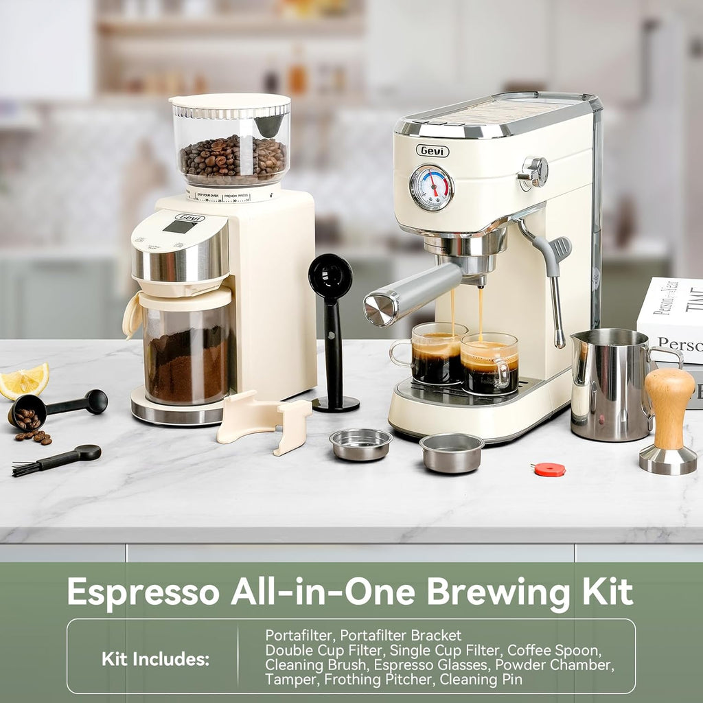 Gevi 20 Bar Espresso Coffee Machine with Burr Grinder Set | 35 Precise Grind Settings | Milk Frother for Latte Cappuccino | Professional Home Barista Kit | Gift for Coffee Lovers