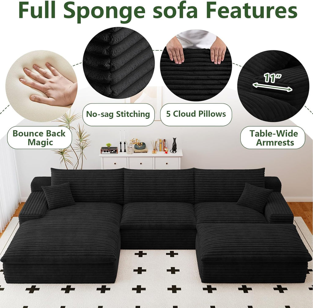 107" Cloud Couch Modular Sectional Sofa for Living Room, U-Shape Boneless Couch with Deep Seat, Modern Corduroy 3-Seater with Ottoman, No Assembly Required (Black,Left-Facing Chaise)