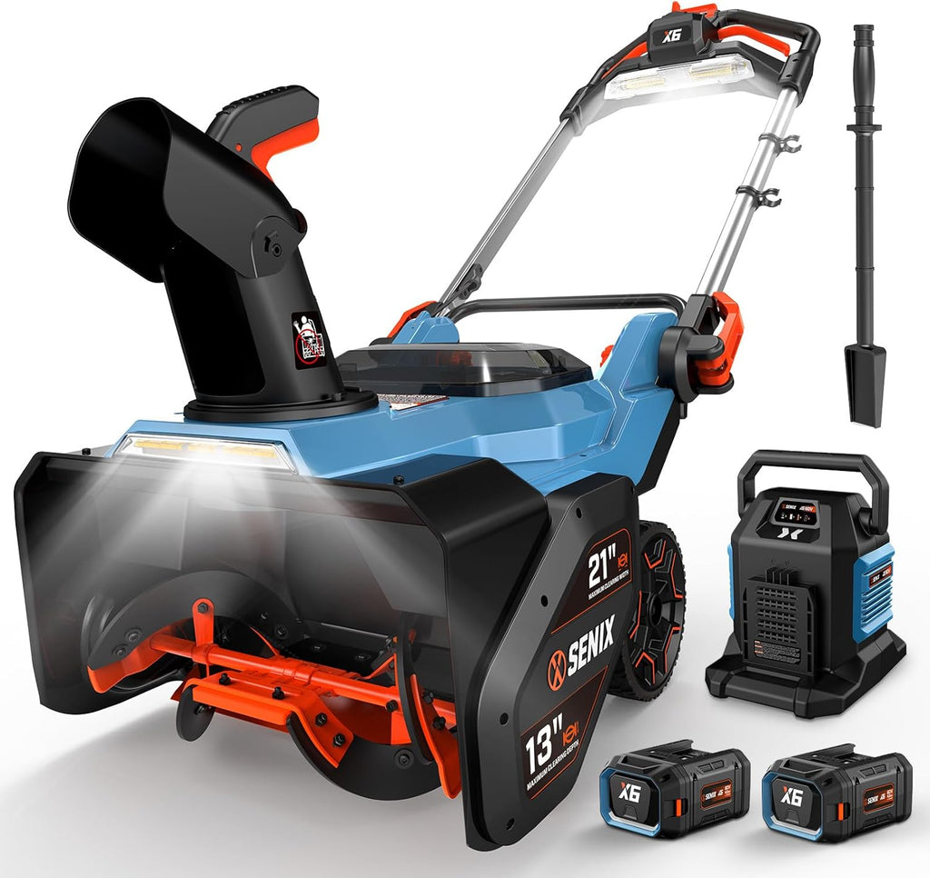 SENIX 60V 21" Cordless Snow Blower  Steel Auger  3500W Brushless Motor  Heated Handle 13" Depth  45FT Throw Distance  LED Lights  16000mAh Batteries(Single Box) & Dual Port Charger 1200lbs/min