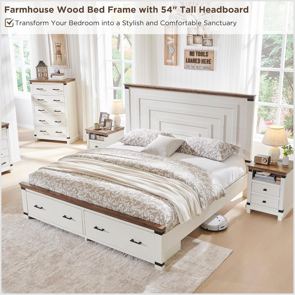 RedLemon Farmhouse King Size Bed Frame w/ 54" Tall Geometric Headboard, Rustic Wood Platform Bed w/ 2 Large Storage Drawers, Wood Slats Support, Noise Free, No Box Spring Needed, Antique White