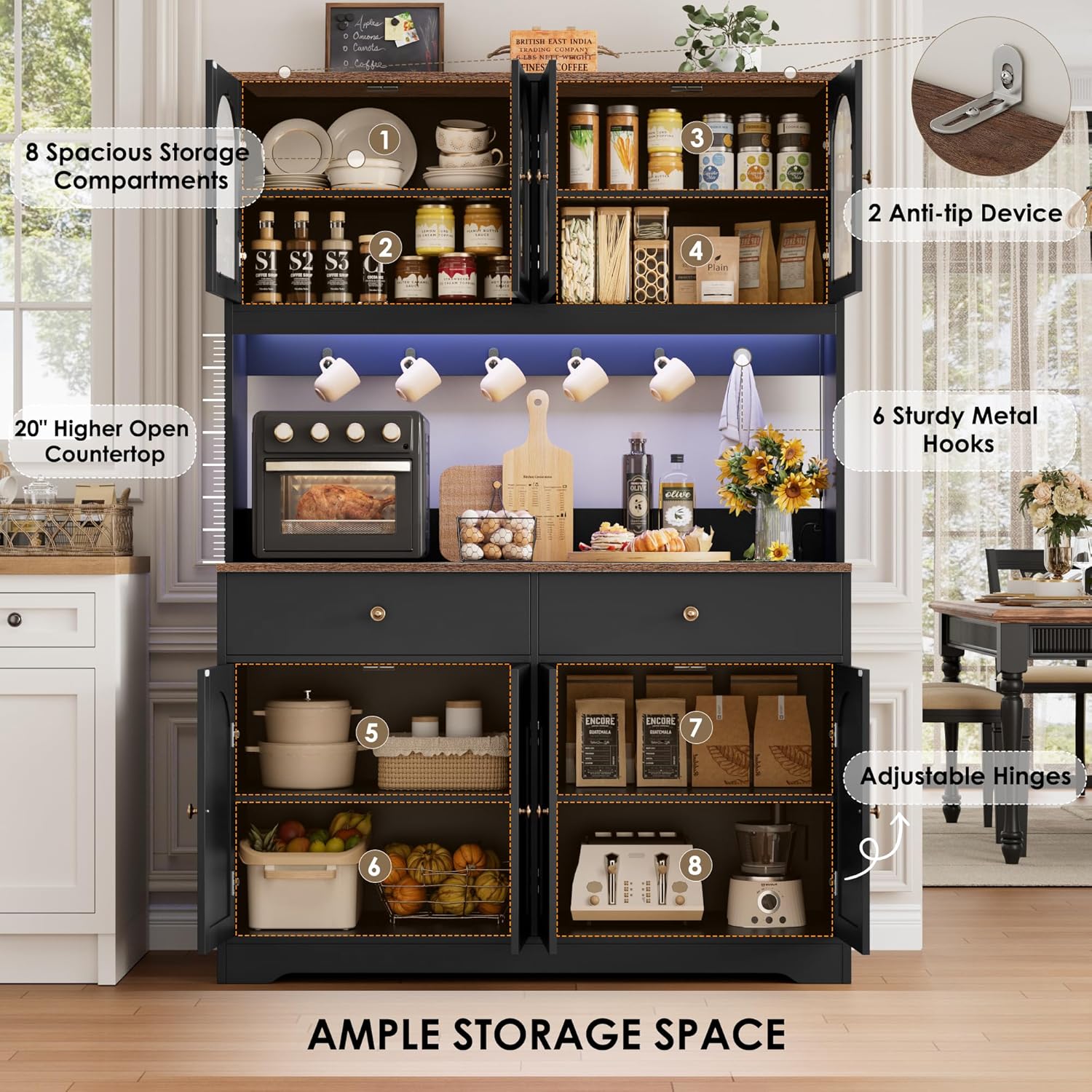 HIFIT 71" LED Kitchen Pantry Cabinet with Power Outlet, Large Kitchen Hutch Storage Cabinet with Arched Door & Shelves & 2 Drawers, Tall Farmhouse Coffee Bar w/Hutch for Home Dining Living Room, Black