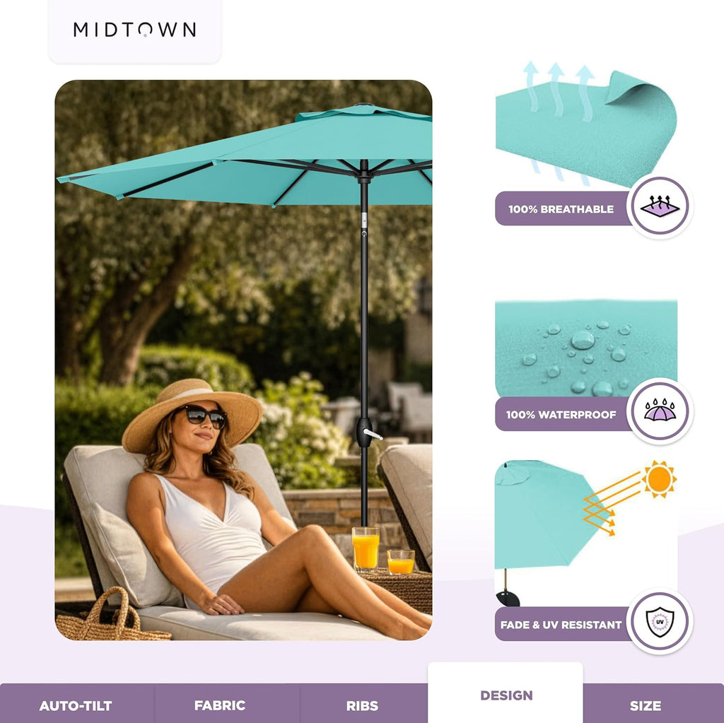 Midtown Umbrellas - The Lean 9 Ft Patio Umbrella with Fade-Resistant Sunbrella Fabric  Auto-Tilt Aluminum Frame and 8 Reinforced Ribs for Deck  Pool & Garden - Aruba Canopy  Black Pole