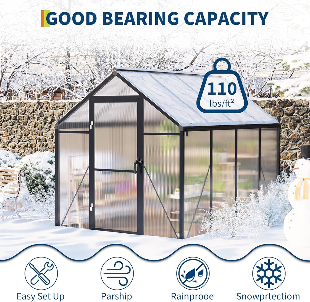 6 x 8 ft Greenhouse  Greenhouses for Outside  Polycarbonate Greenhouse with Aluminum Frame  Lockable Door and Ajustable Roof Vent for Backyard  Green Houses for Outside Garden Backyard  Patio