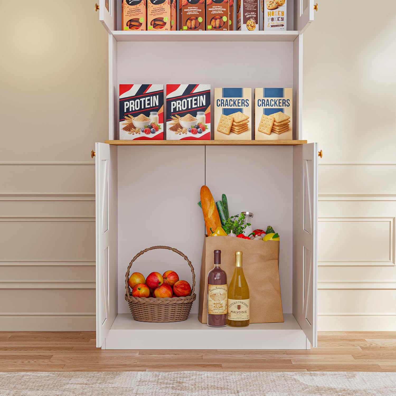 Vyre 71" Farmhouse Kitchen Pantry Cabinet Set of 2, White Freestanding Coffee Bar Hutch with Glass Doors & Adjustable Shelves, Large Storage Cabinet with Microwave Stand for Living Room & Kitchen