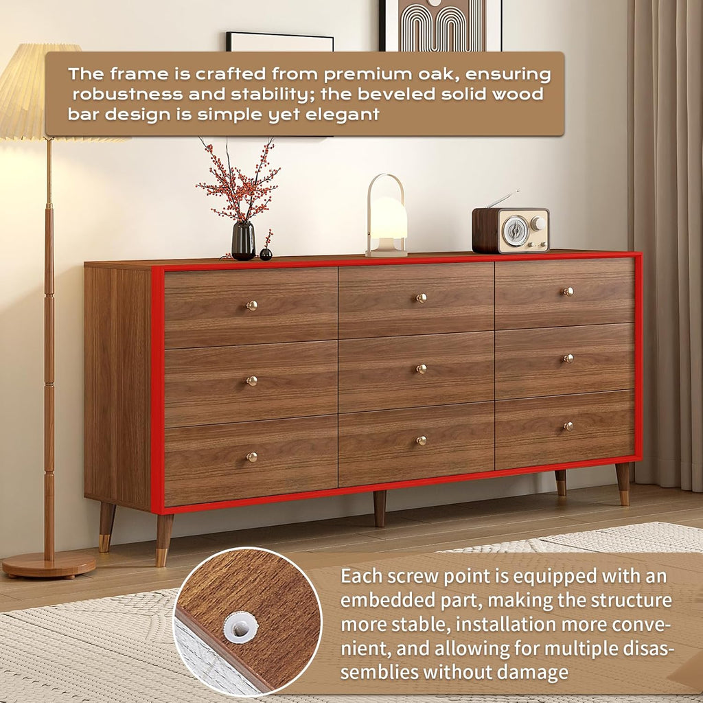 Mid Century Modern 9-Drawer Dresser, 63 Inch Wide Solid Wood Frame Chest, Walnut Finish, Beveled Design, Heavy-Duty Drawer Glides, Storage Cabinet for Bedroom, Living Room, TV Stand