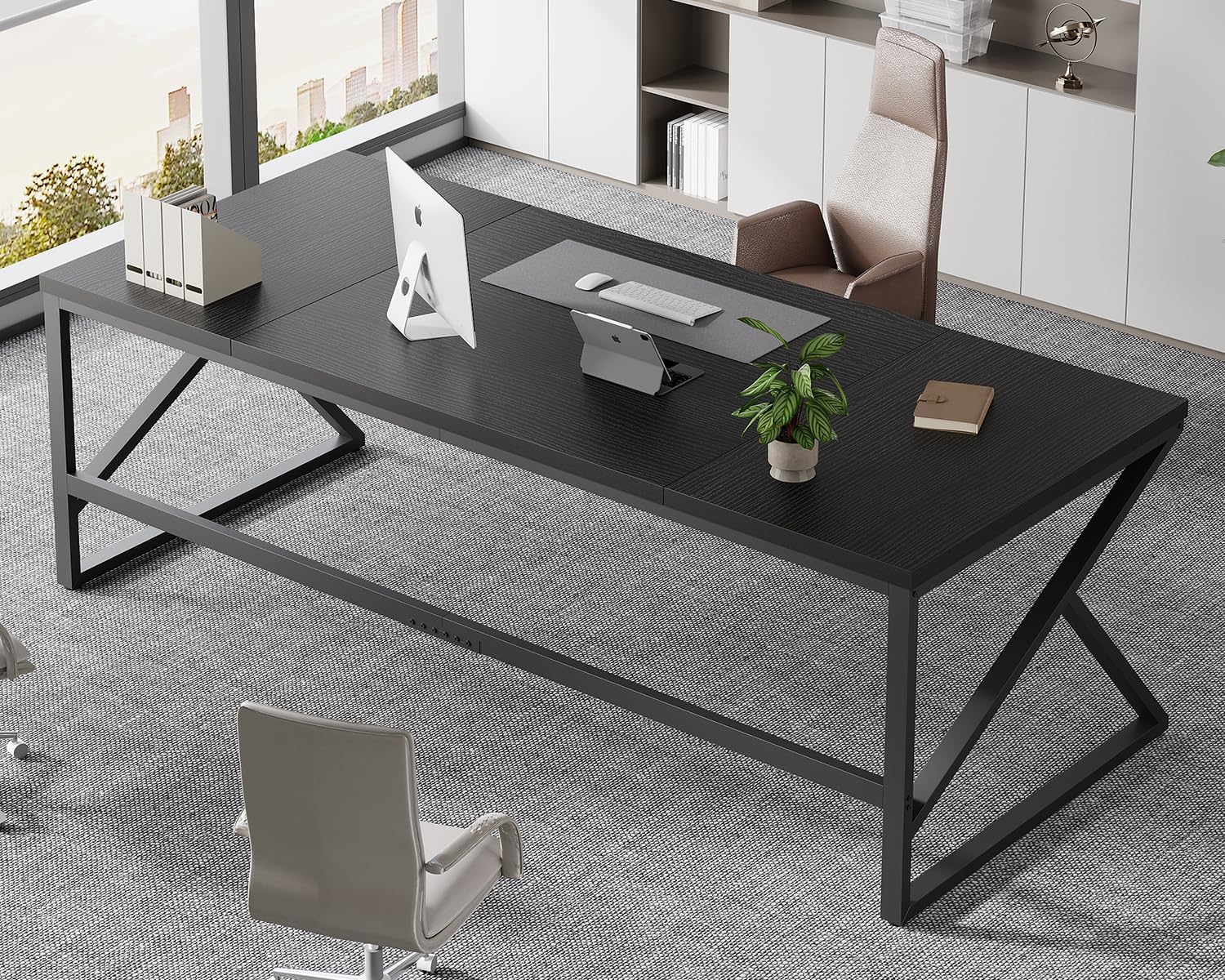 HSH Extra Long Black Computer Desk, 78 inch Large Home Office 2 person Desk, Industrial Metal Wood double Desk for Executive Work Writing Study, Modern Black Bedroom Living Room PC Laptop Gaming Table