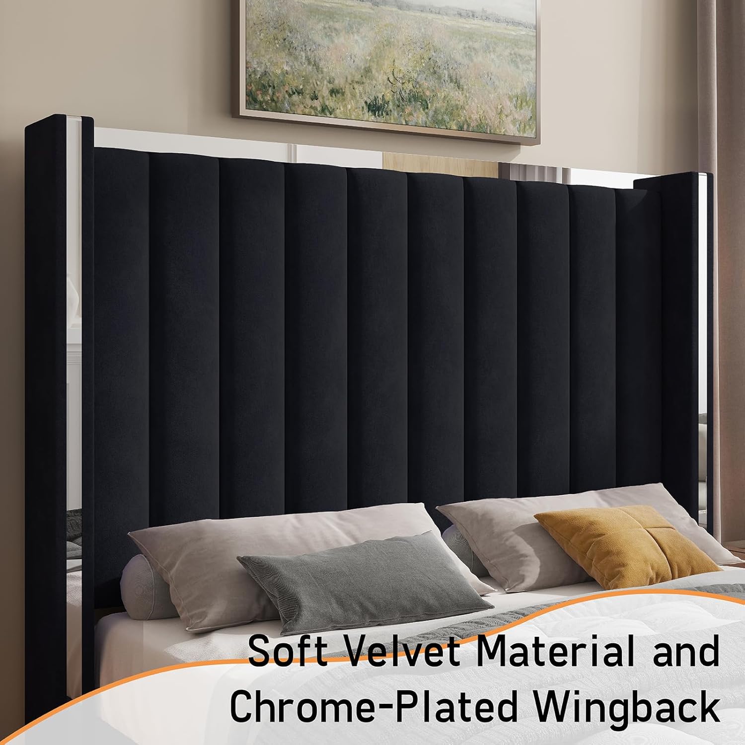 Jocisland Queen Size Bed Frame with 58" Tall Headboard, Velvet Upholstered Platform Bed with Channel Tufted Wingback Headboard and Plating Trim, No Box Spring Needed, Black