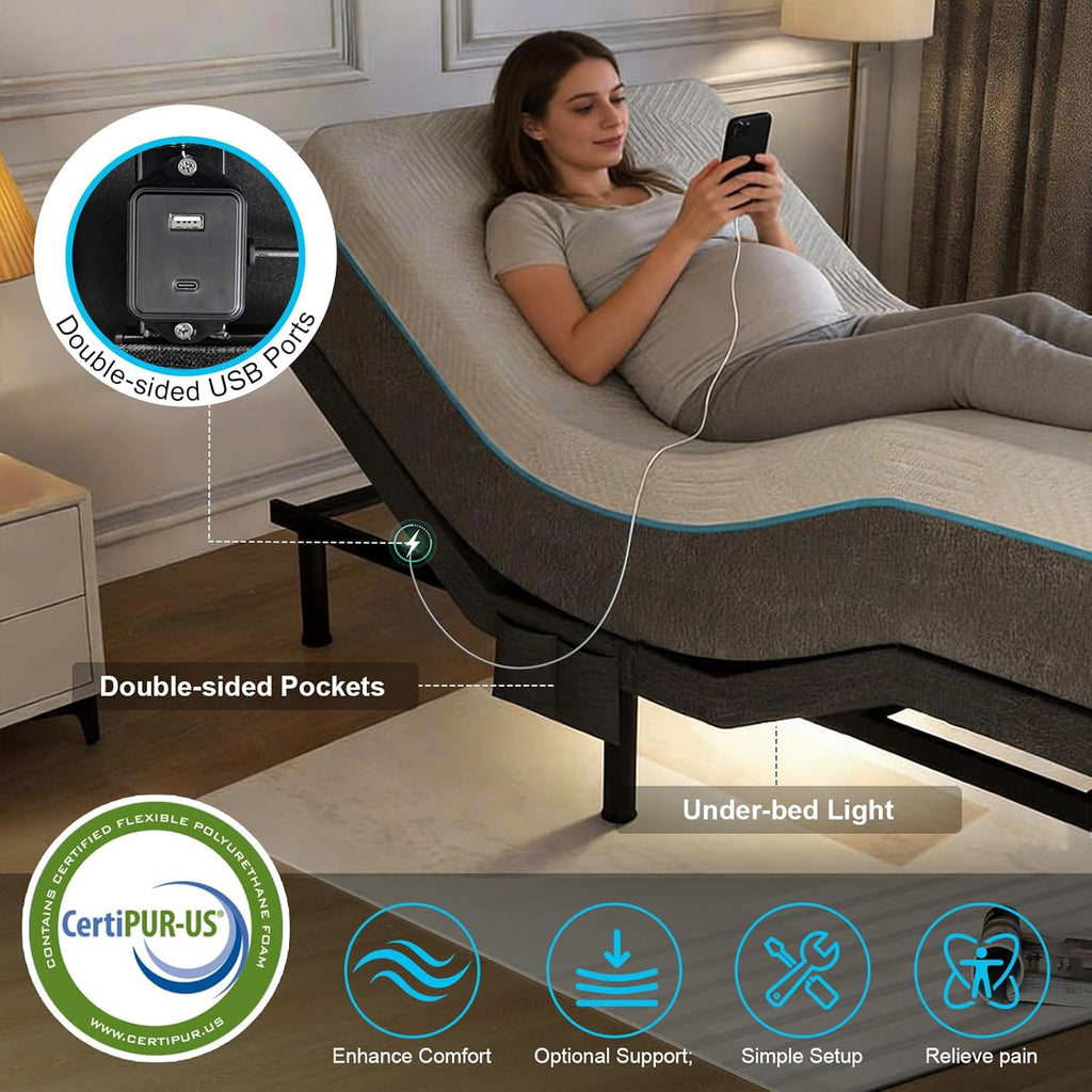 Vipbear Twin XL Adjustable Bed Base - Dual Motor Bed Frame with Wireless Remote, Zero Gravity/Anti-Snore/TV Mode, Under-Bed LED Light & 4 USB Ports, 3-Height Adjustable Legs