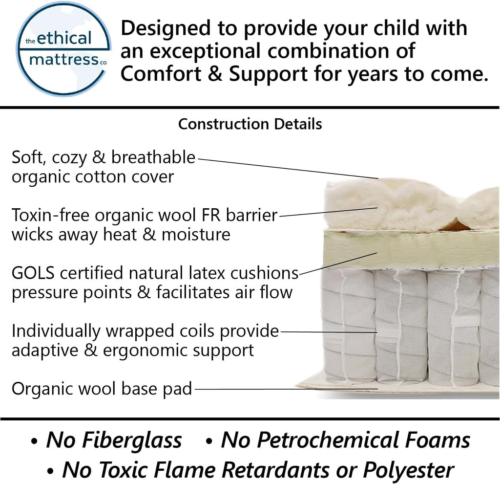 Ethical Mattress CO 6" Kid's Mattress, Toxin-Free, Made in The USA with Organic Cotton, Wool, Latex & Pocketed Coils (Bed-in-a-Box); Perfect for bunk beds, trundles & Platform beds - Full Size