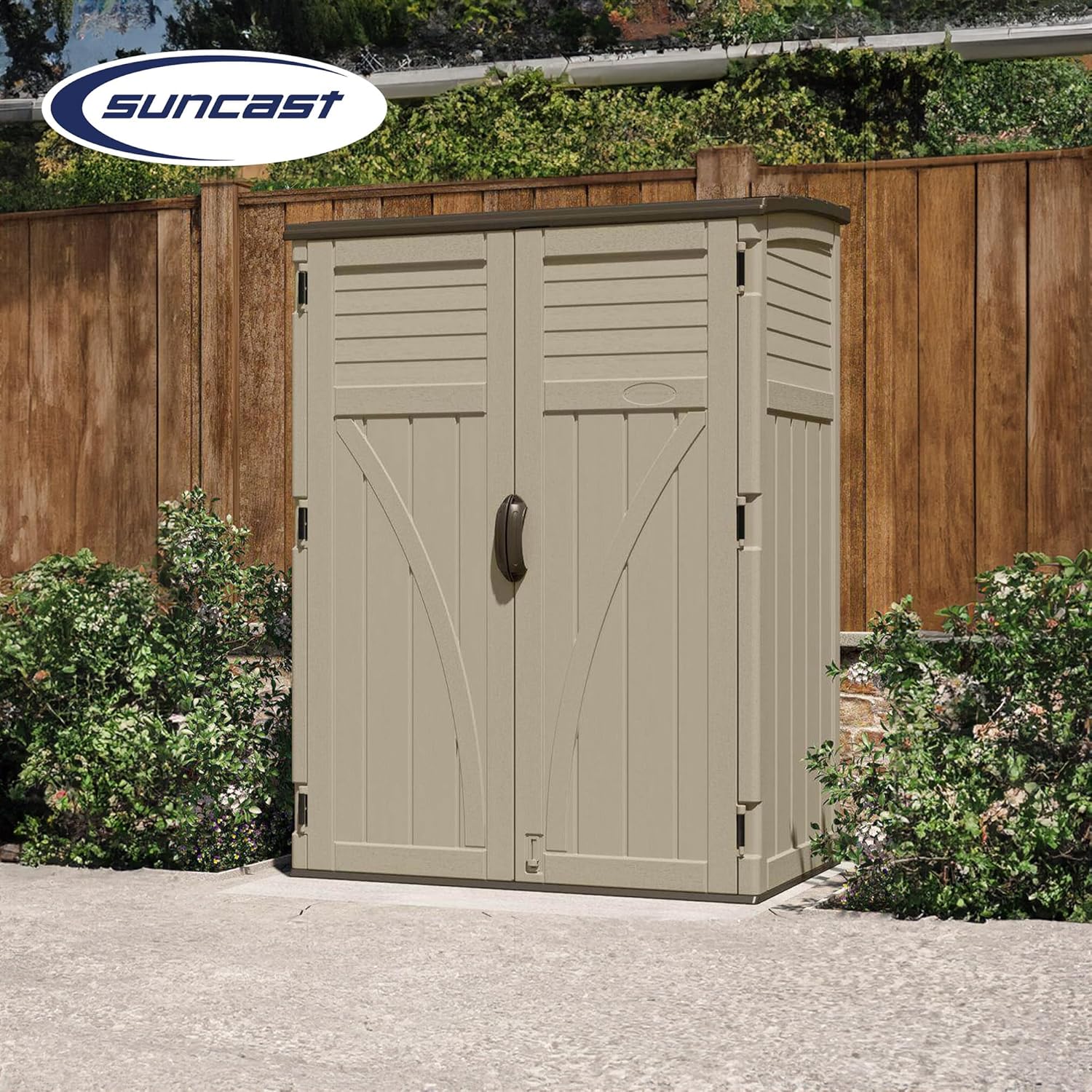 Suncast Outdoor Storage Shed  Water Resistant Resin Vertical Outdoor Storage Cabinet for Patio  Garden Tools  Cushions  & Equipment  Weatherproof Multi-Wall Design  54 cu. ft.  Made in USA