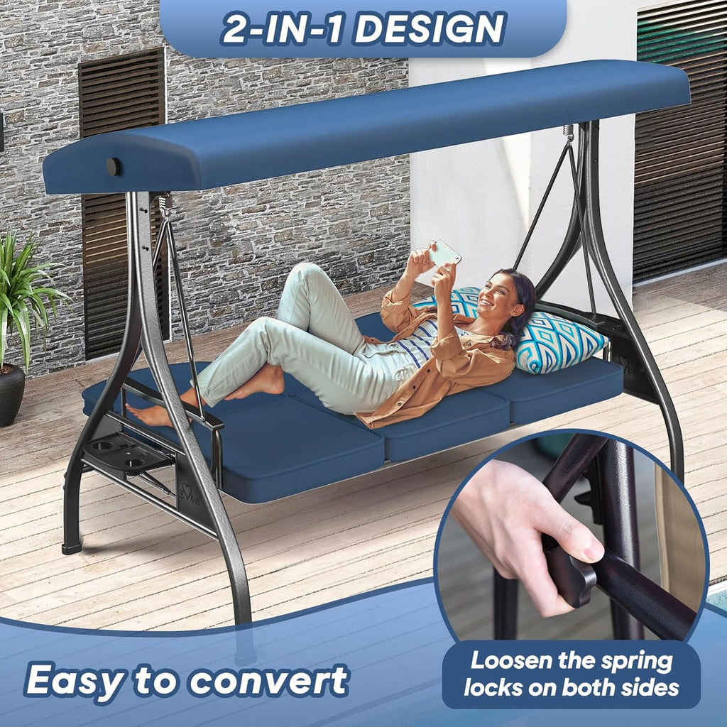 3 Seat Outdoor Porch Patio Swing with Stand 800lbs 2-in-1 Convertible Swing Bed with Adjustable Canopy & Removable Cushion for Yard Garden Deck (Blue  Square Tube)