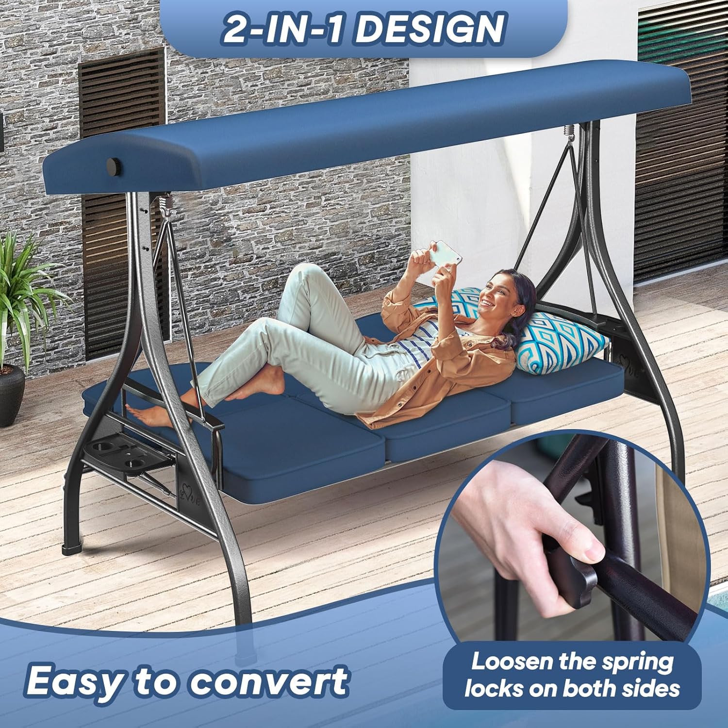 3 Seat Outdoor Porch Patio Swing with Stand 800lbs 2-in-1 Convertible Swing Bed with Adjustable Canopy & Removable Cushion for Yard Garden Deck (Blue  Square Tube)