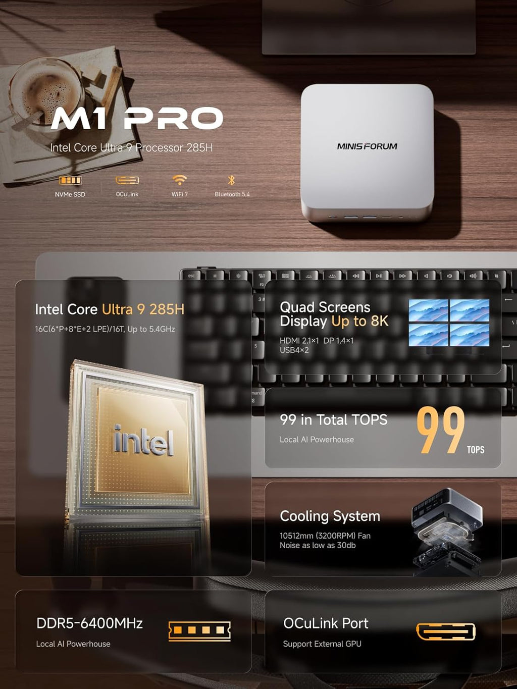 MINISFORUM M1 Pro AI Mini PC Intel Core Ultra 9 285H (16C/16T  Up to 5.4Ghz)  32GB DDR5 1TB SSD  99 TOPS  2xUSB4/HDMI/DP Quad Display  OCuLink  2.5G LAN  Dual Speaker/DMIC  WiFi 7  BT5.4  Arc 140T GPU