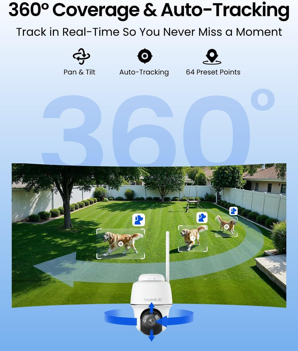 REOLINK First 4K Solar Security Cameras Wireless Outdoor, Argus PT Ultra+Solar Panel, 360° Pan Tilt Auto-Tracking, 8MP Color Night Vision, 2.4/5 GHz Wi-Fi 6, No Subscriptions, Home Hub Compatible