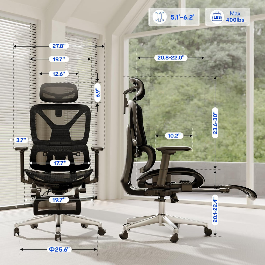 FLEXISPOT ErgoX Premium Ergonomic Office Chair with Footrest- Adjustable 3D Armrests, Dynamic Lumbar Support, Recline & Tilt Function, Mesh Seat, for Home & Office Use,Black