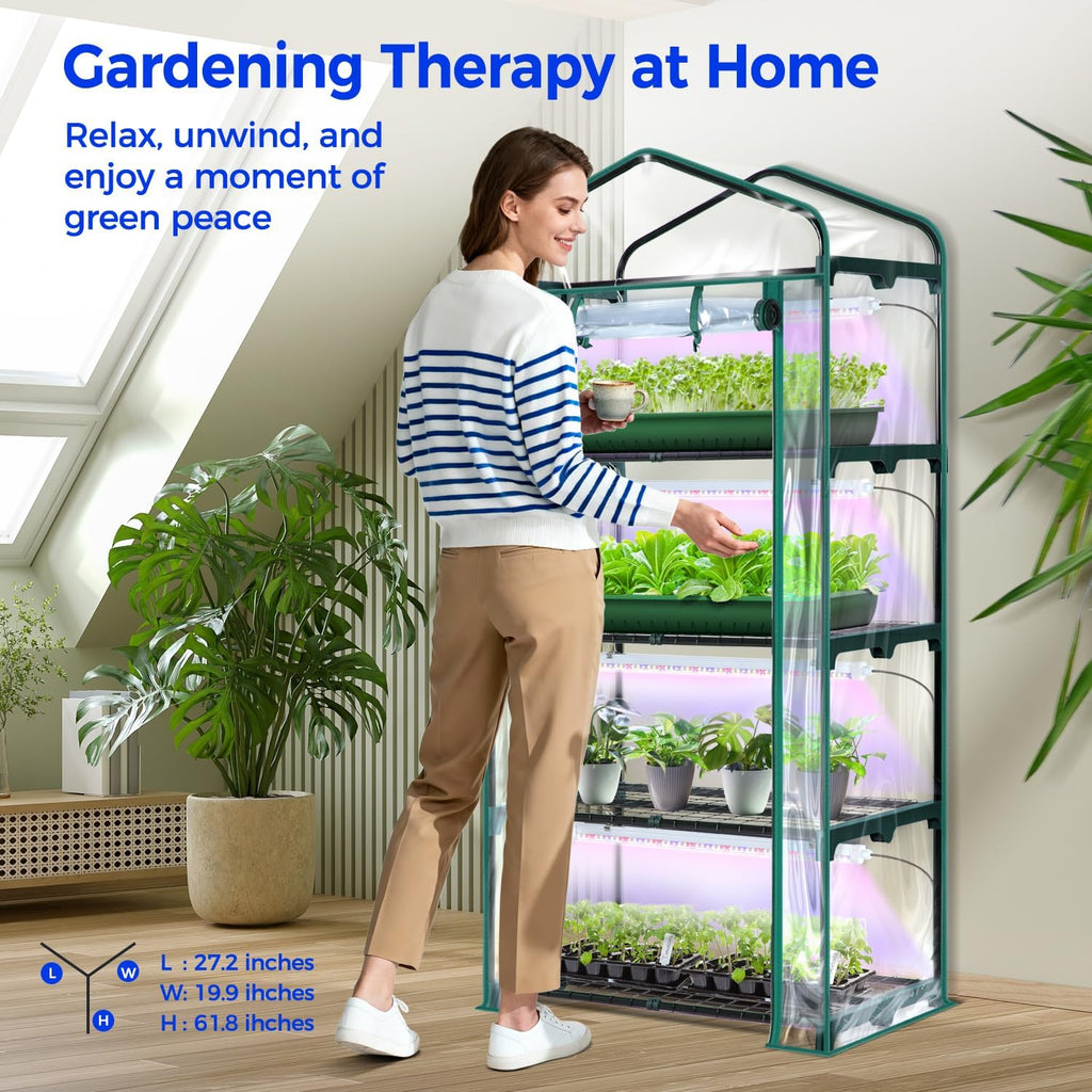 Indoor Greenhouse with Grow Light  Ohuhu 4-Tier Mini Green House for Winter - Full Spectrum Greenhouses for Seed Starting Small Portable Green Houses Waterproof PVC Cover & Adjustable Shelves