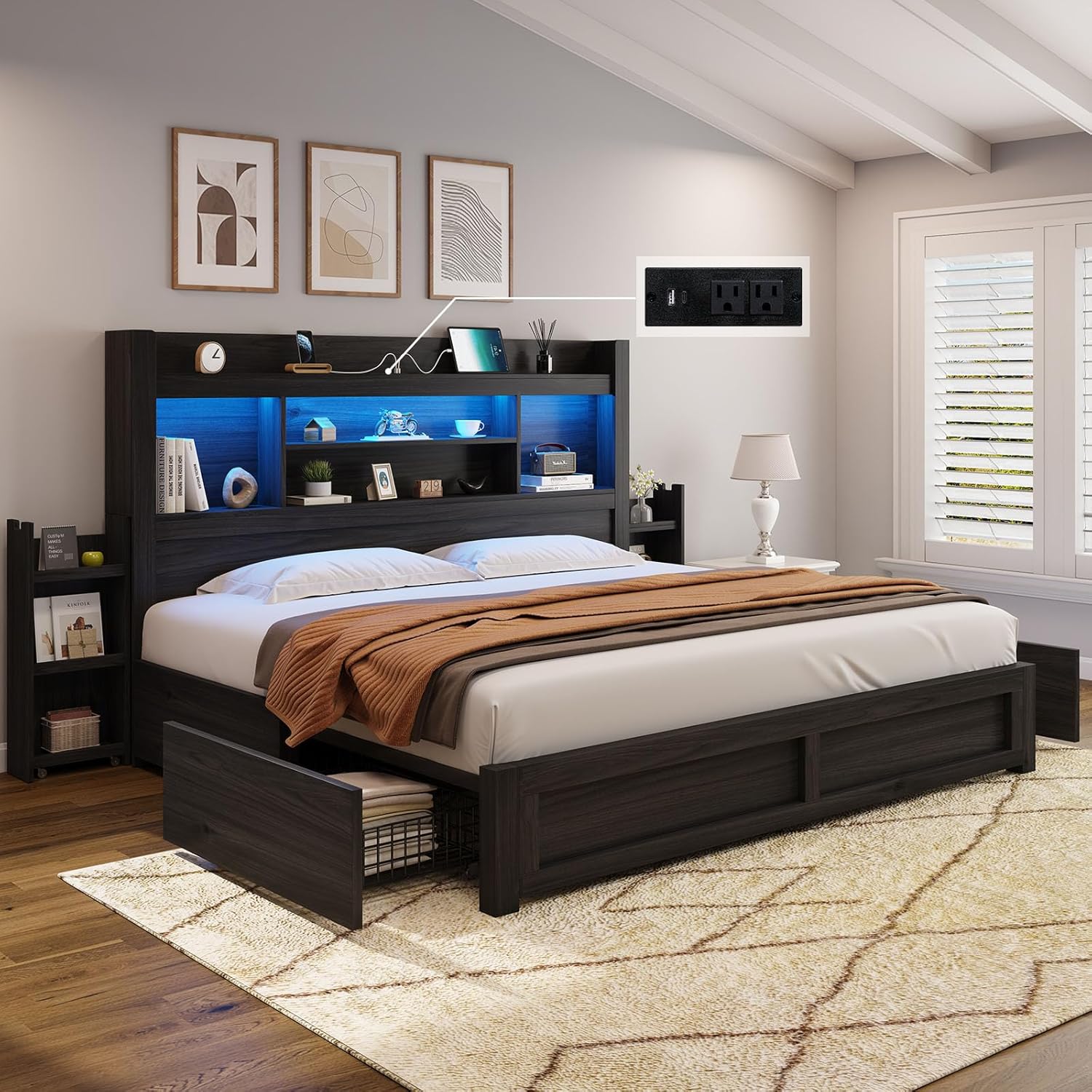 AMERLIFE King Size Bed Frame with 4 Storage Drawers, LED Bed Frame with 49.6" Tall Bookcase Headboard, Wood Platform Bed with Charging Station & 2 Slide Bedside Shelf, No Box Spring Needed/Black