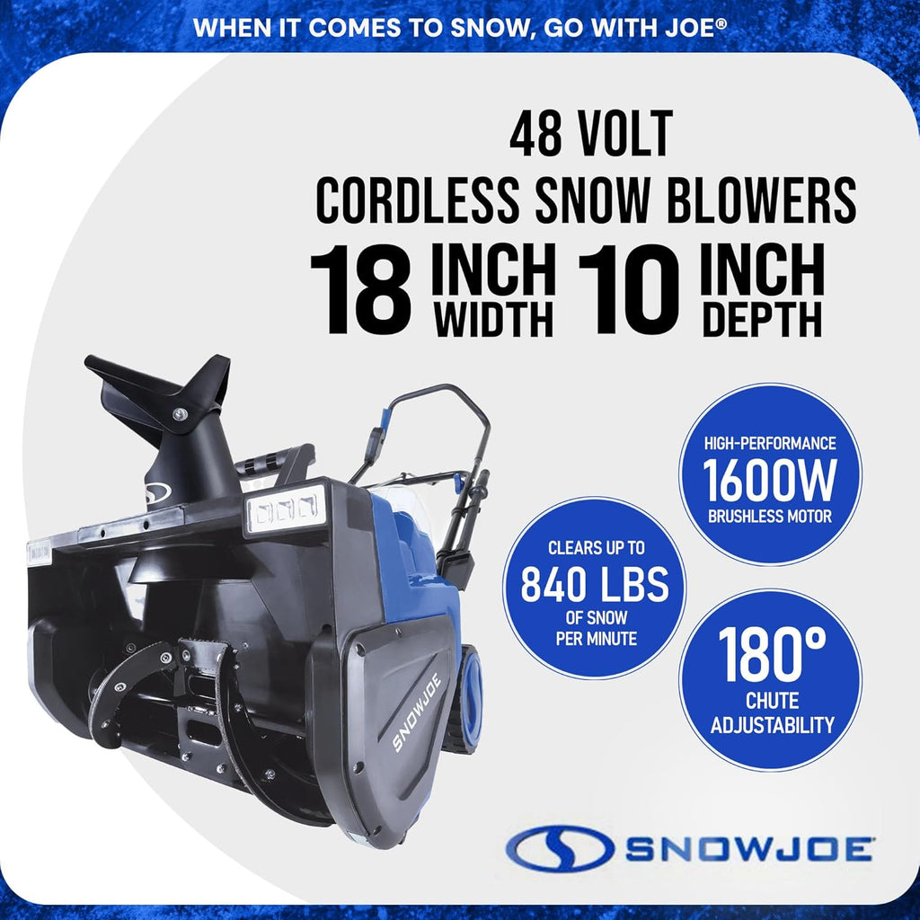 Snow Joe 48V Cordless Snow Blower Kit with 2X 8Ah Batteries  Dual-Port Charger & LED Headlights  1600W Brushless Motor  22" Clearing Path - Ice Removal for Driveways  Patios & Sidewalks  24V-X2-SB22