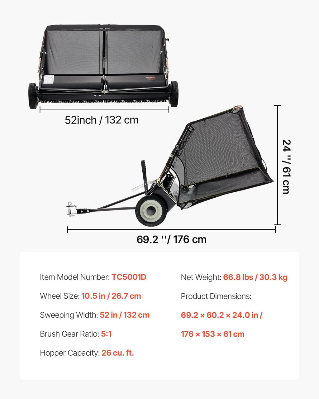 VEVOR 52 in Tow Behind Lawn Sweeper  26 cu.ft. Large Yard Sweeper  Adjustable Sweeping Height  Heavy Duty Leaf & Grass Collector with Dumping Rope  Pull Behind Sweepers for Debris Grass Clippings