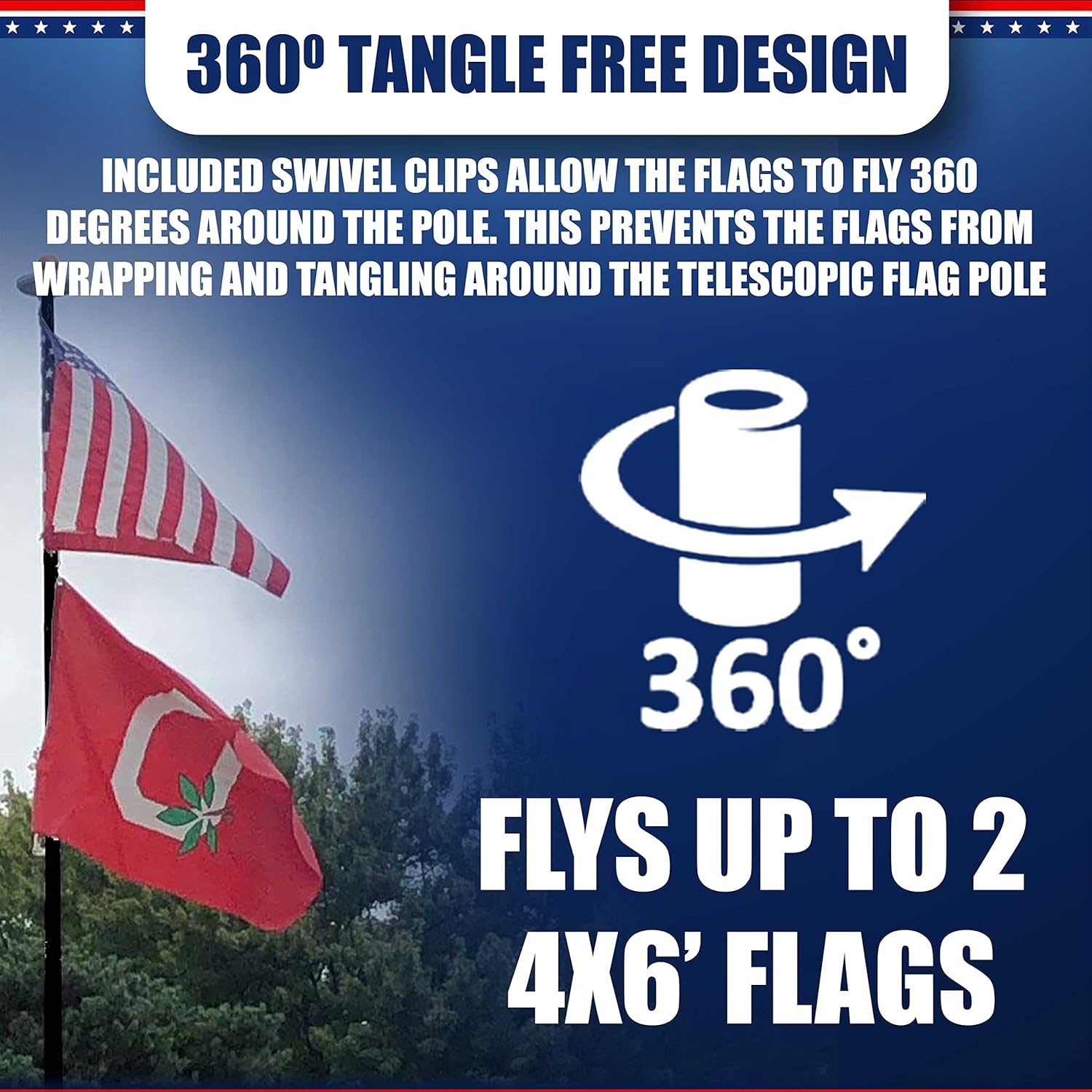 Service First 25FT Flagpole Kit Freedom Edition Black Telescoping For Outside House In Ground - Anti Tangle Swivel Ring Design - 100MPH Wind Tested with single flag