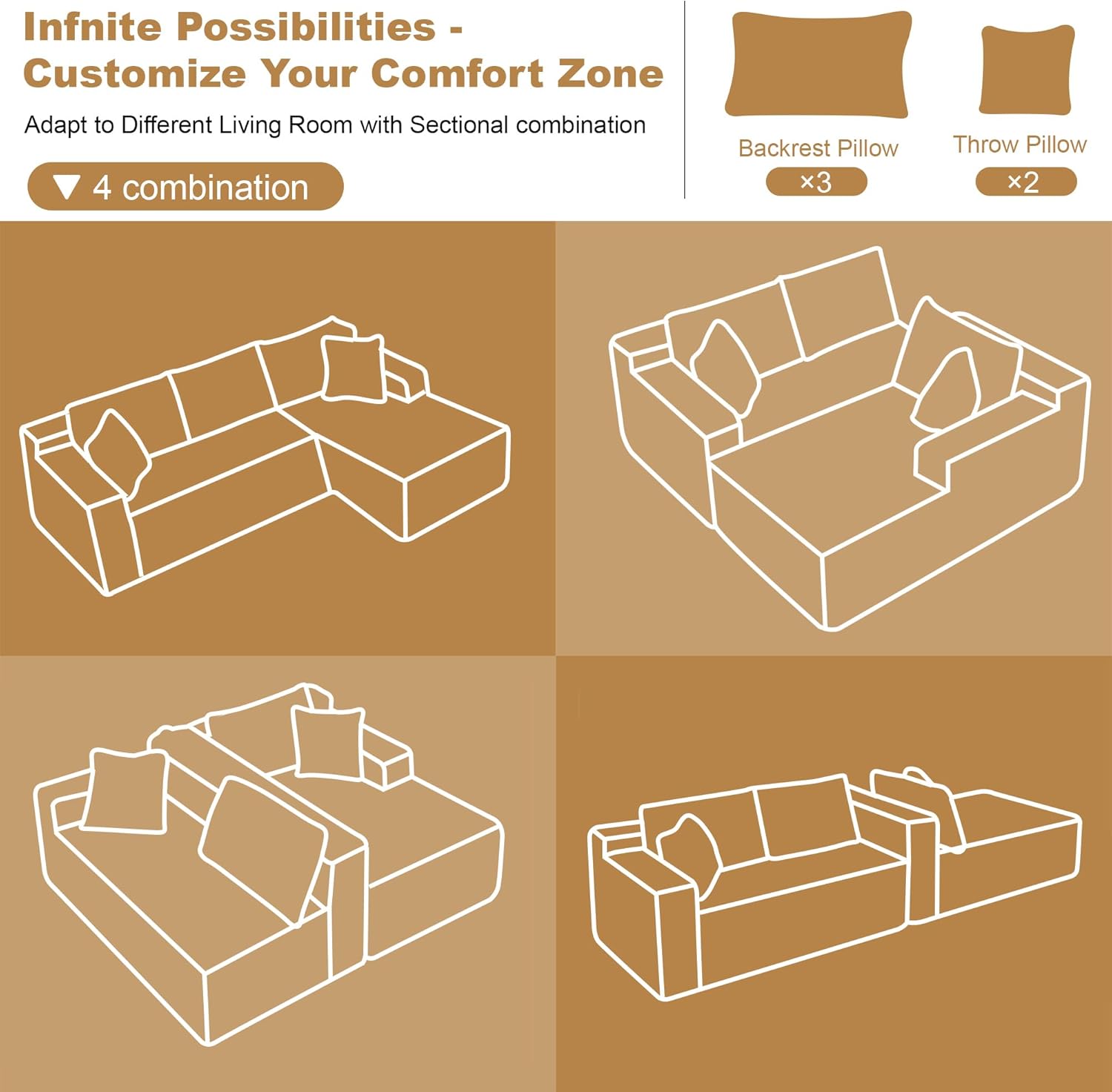 108" Sectional Couches for Living Room Modern Modular Sofa with L-Shape Couchs Upholstered Boneless Couch Deep Seat Sectional Couch with Chaise (Camel, Right Facing Chaise+2Seaters)