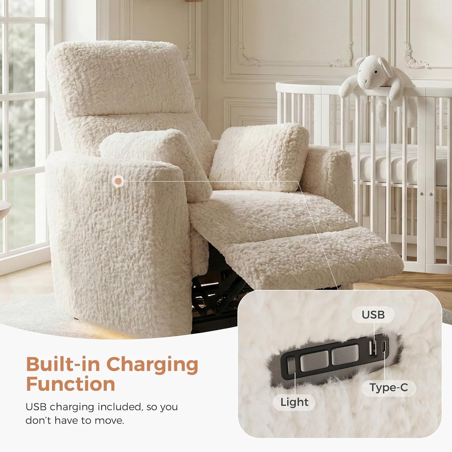 HUSFU Power Swivel Rocker Recliner Chair for Adults, Nursery Glider Rocking Chair with Nightlight and USB & Type-C Ports, Comfy Plush Recliner Chairs for Living Room, Bedroom, Beige