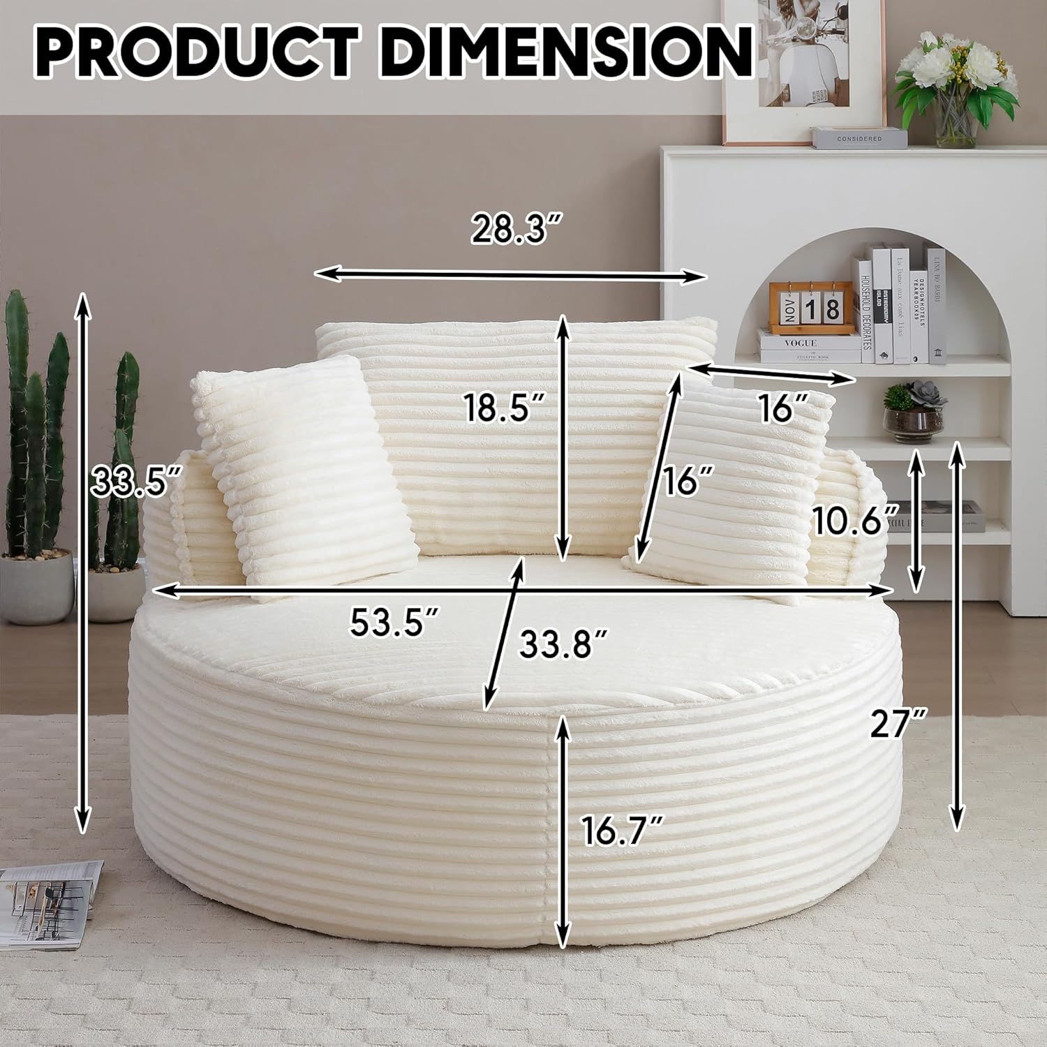 Oversized Round Chair Lounge Chaise Indoor, 53.5" Upholstered Corduroy Deep Seat Single Cloud Sofa Chair, Fluffy Modern Large Circle Boneless Sleeper Sofa for Living Room, Bedroom, Beige White