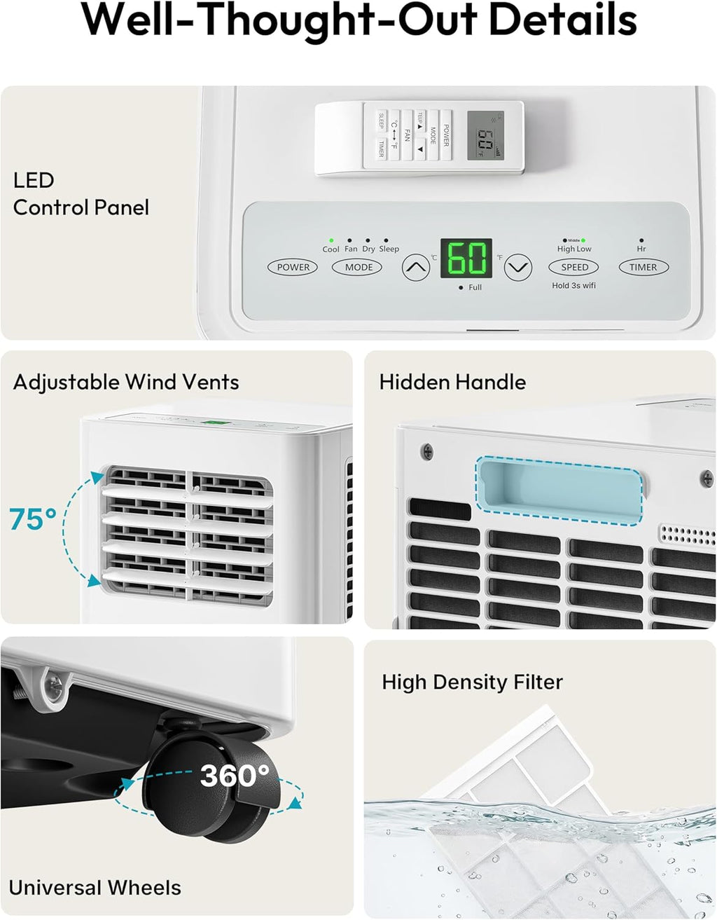EUHOMY 8000 Btu Portable Air Conditioners, 3 in 1 Portable AC with Cool, Dry, Fan Modes, Quiet Air Conditioners with 24H Timer & Sleep Modes, with Remote, for Bedroom, Apartments up to 350 Sq.Ft