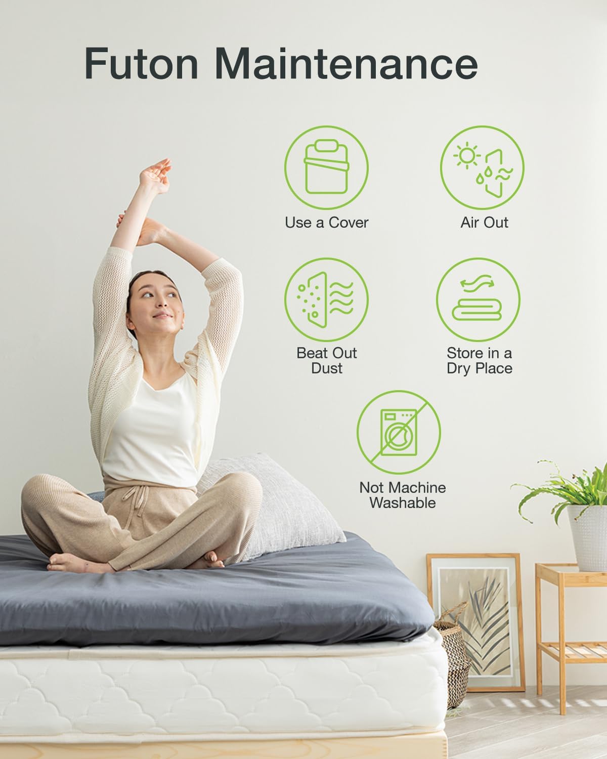 FULI Japanese Futon, Twin Size, White - Foldable Shikibuton Floor Bed - Medium Firm Quilted Cotton Sleeping Pad, Portable Roll-Up Japanese Floor Bed for Guests & Small Spaces