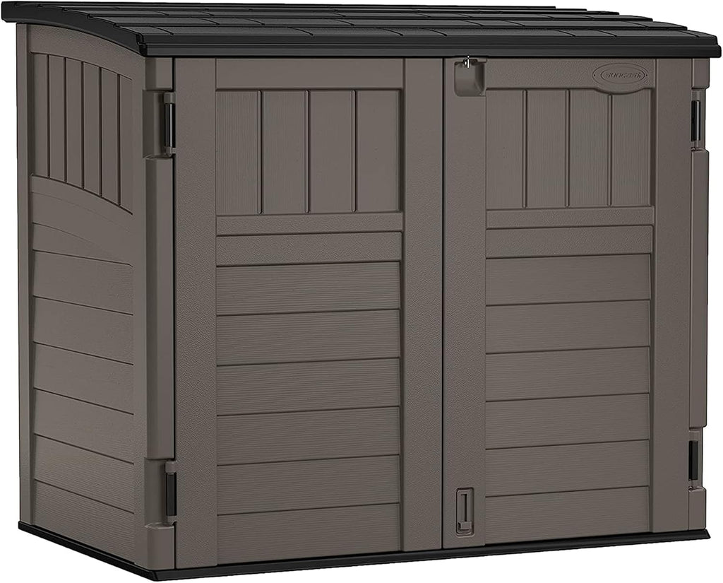 Suncast 34 Cu Ft Horizontal Resin Storage Shed - Outdoor Storage Shed with Floor Included  Lockable  Weatherproof  Fits Small to Medium Trash Cans  Generators  & Garden Tools  Stoney Black