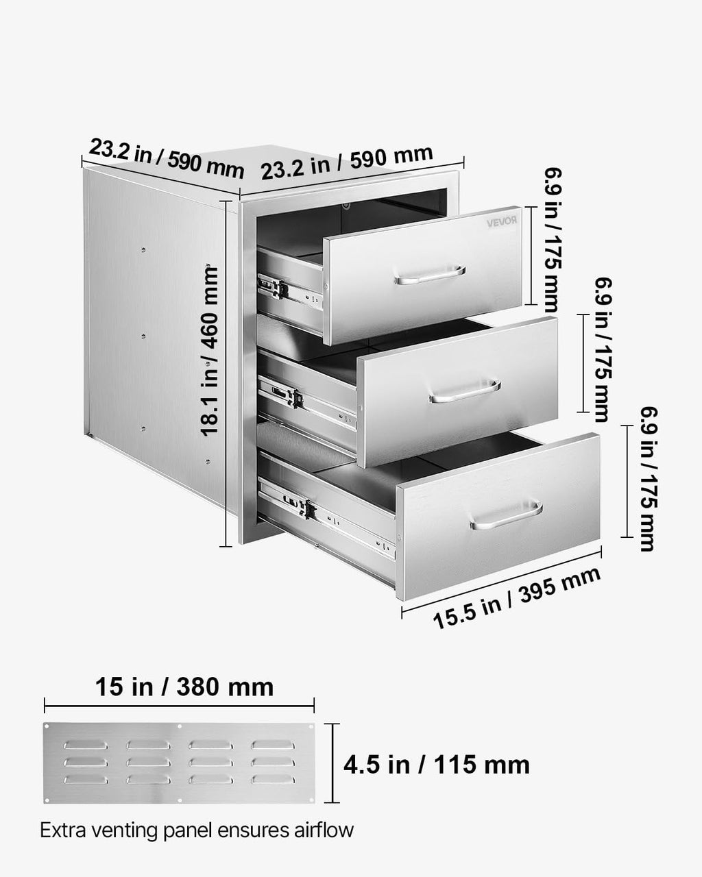 VEVOR Outdoor Kitchen Drawers 18.11" W x 23.23" D x 23.23" H  Triple-Access Stainless Steel Modular Drawer Cabinet with Handles  BBQ Island Drawer for Outdoor Kitchen or BBQ Island Patio Grill Station