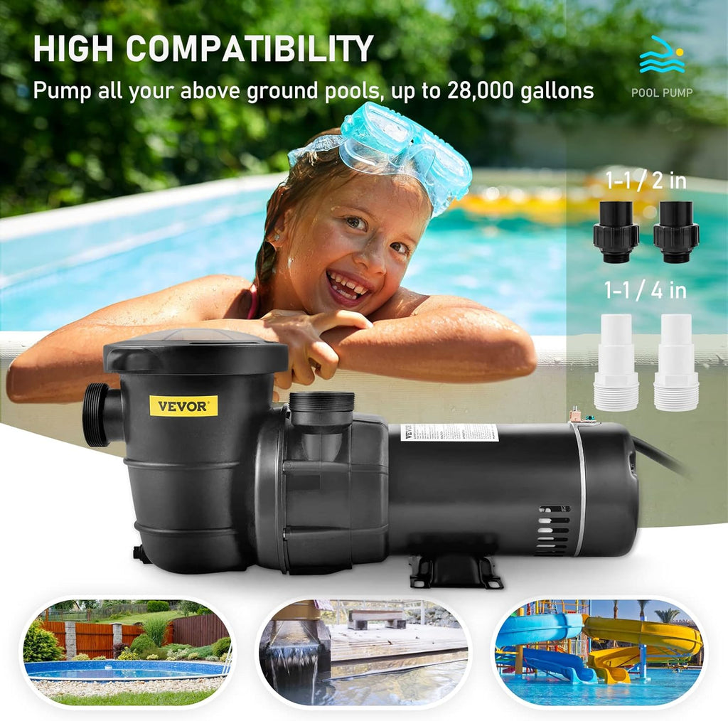 VEVOR Swimming Pool Pump  1.5 HP 115 V  1100 W Single Speed Pumps for Above Ground Pool w/Strainer Basket  5280 GPH Max. Flow  Certification of ETL for Security