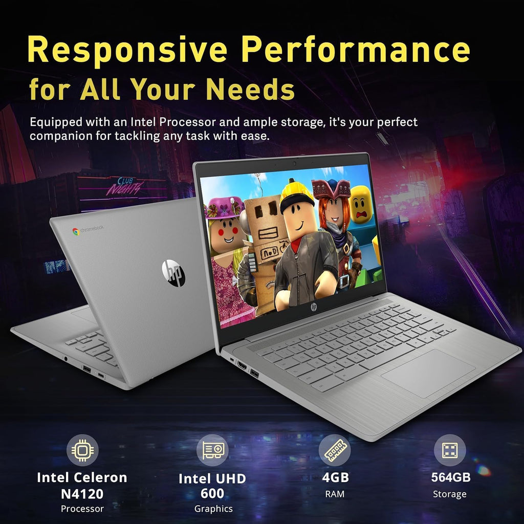 HP Chromebook 14" HD Premium Laptop Computer for Student Business  Quad-Core Celeron N4120 Processor  4GB RAM  564GB Storage (64GB eMMC + 500GB Ext)  Webcam  Long Battery  Chrome OS +MarxsolAccessory