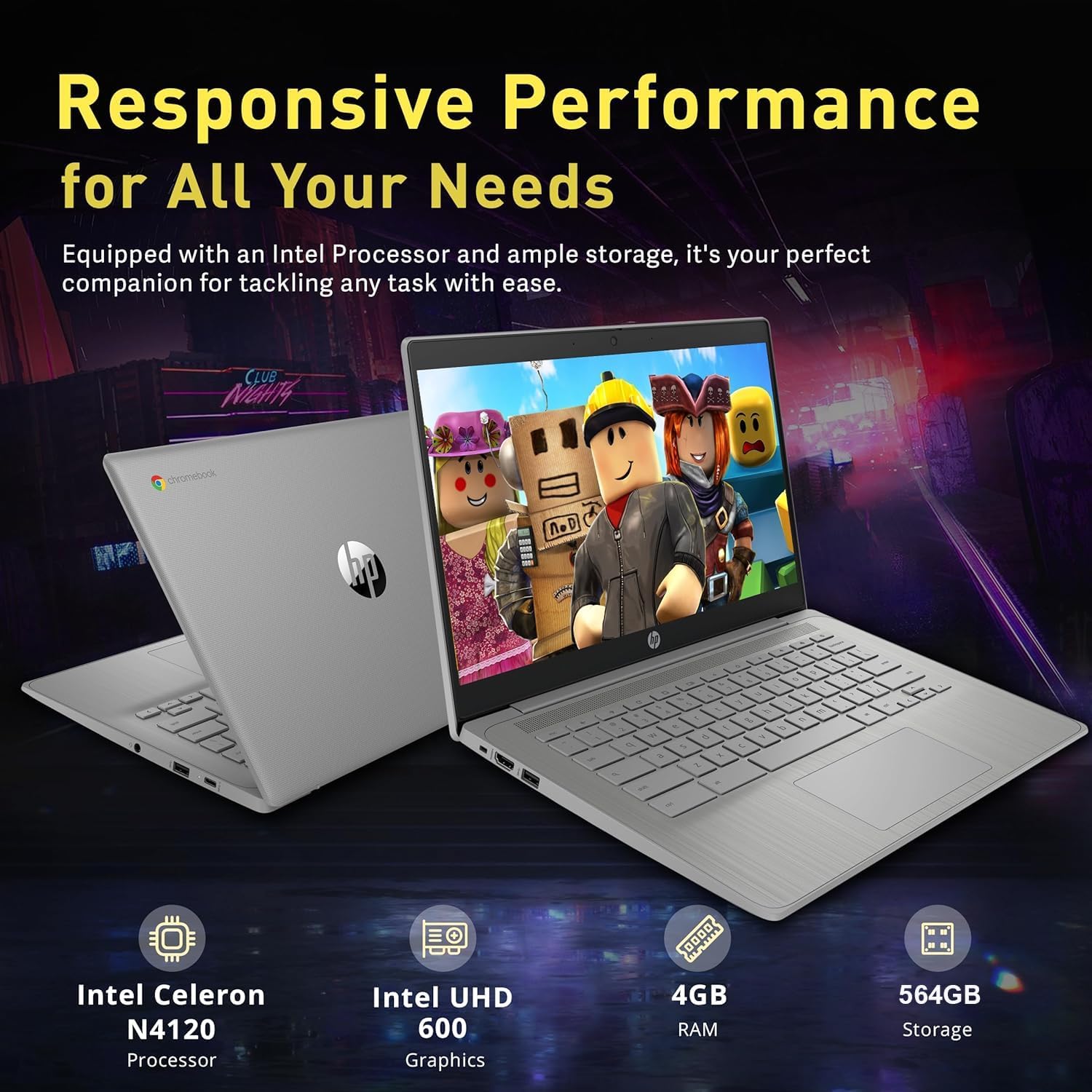HP Chromebook 14" HD Premium Laptop Computer for Student Business  Quad-Core Celeron N4120 Processor  4GB RAM  564GB Storage (64GB eMMC + 500GB Ext)  Webcam  Long Battery  Chrome OS +MarxsolAccessory