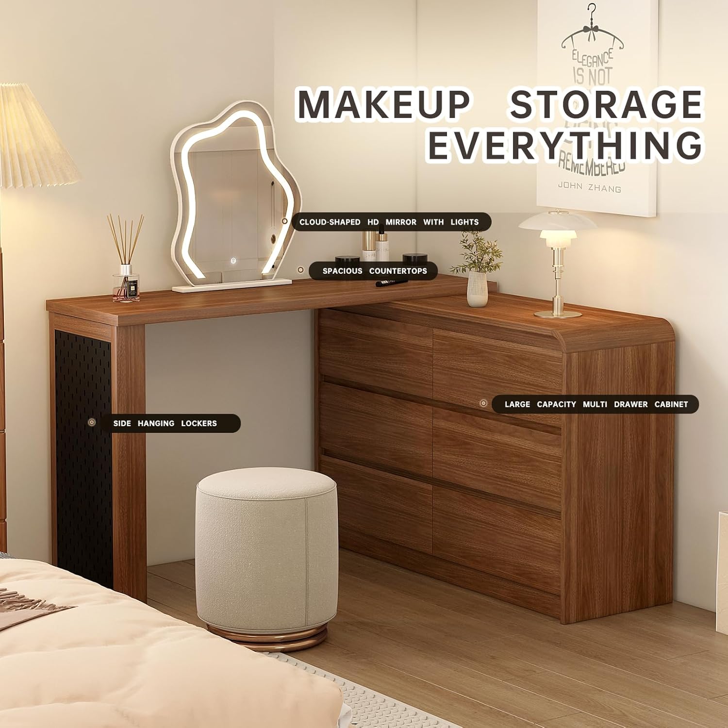 Vanity Desk with Mirror and Lights, Vintage 6 Drawer Makeup Dresser Desk Combo for Women with 50-90 in Adjustable Sturdy L-Shape Makeup Table, Vanity Dresser Combo for Bedroom, Without Stool, Walnut