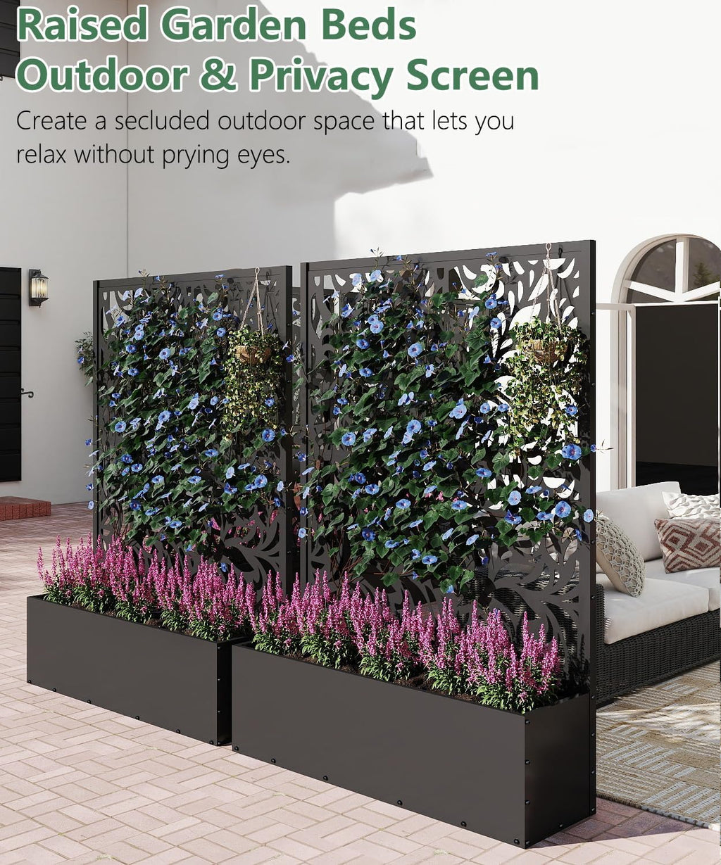 2PCS Metal Planter Box with Trellis 70.9"x47.2"x15.7" Raised Garden Bed with Drainage Holes  Privacy Planters for Outdoor Garden Bed for Climbing Plants Vegetables and Vines  Black-Flower