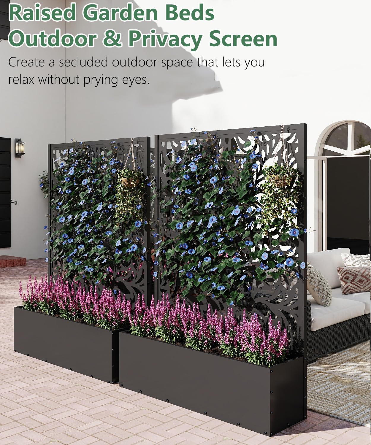 2PCS Metal Planter Box with Trellis 70.9"x47.2"x15.7" Raised Garden Bed with Drainage Holes  Privacy Planters for Outdoor Garden Bed for Climbing Plants Vegetables and Vines  Black-Flower