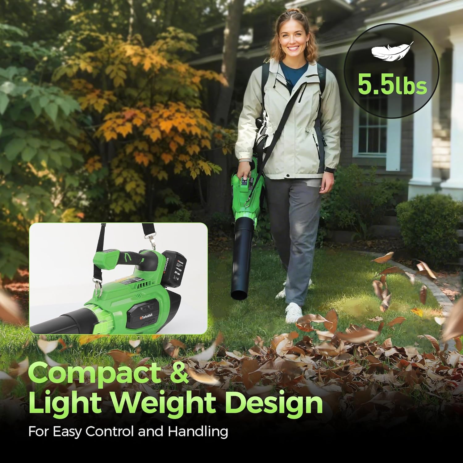 Leaf Blower  20V Cordless Electric Blower with 2 * 5.0Ah Batteries and 1 Hour Fast Charger  Lightweight Leaf Blower for Patio Cleaning  Lawn Care  Blowing Fallen Leaves and Dust