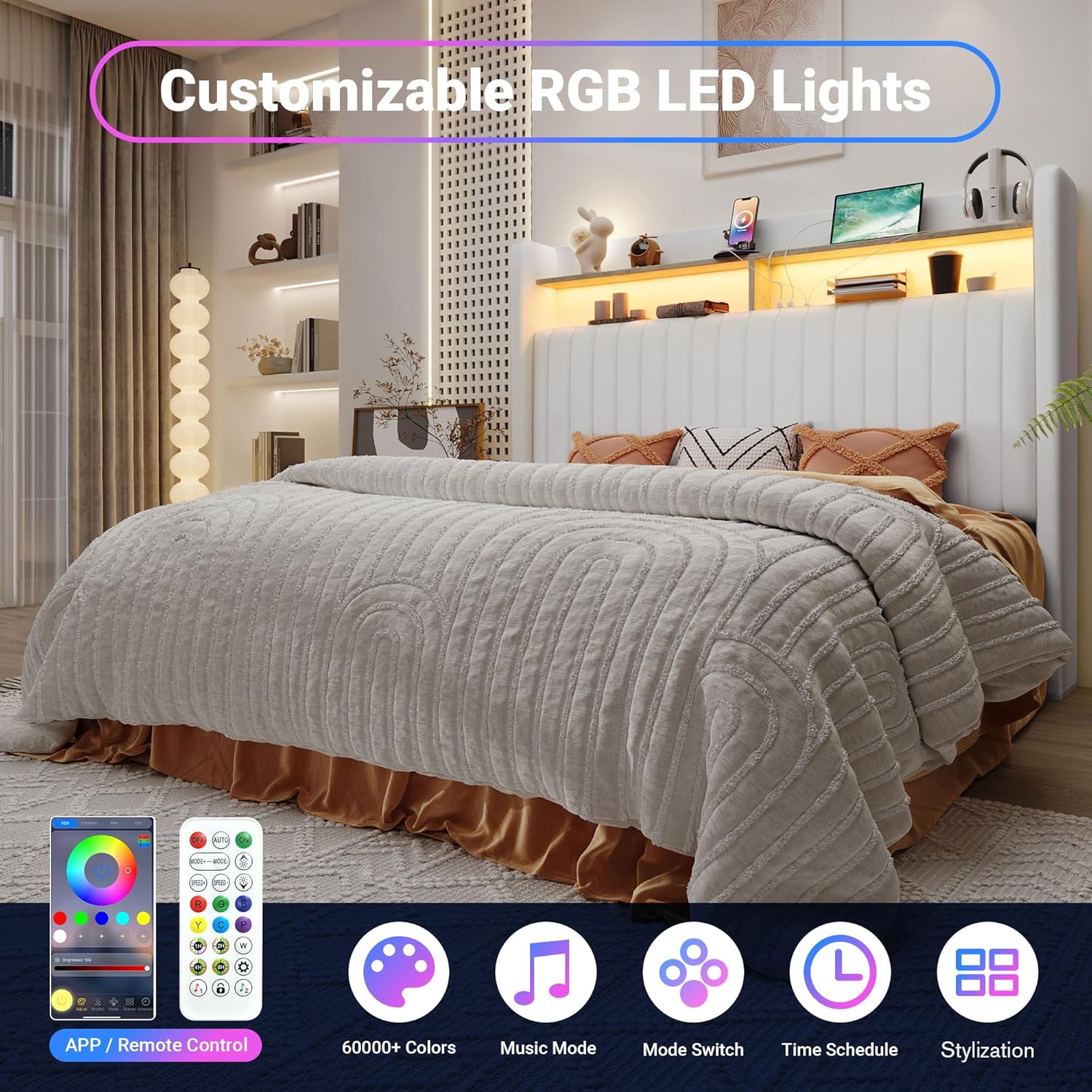 Allewie Queen Size Lift Up Hydraulic Storage Bed Frame, 2-Tier Shelf Headboard with LED Lights and Charging Station, USB and Type C Ports, Wingback Velvet Headboard, No Box Spring Needed, White
