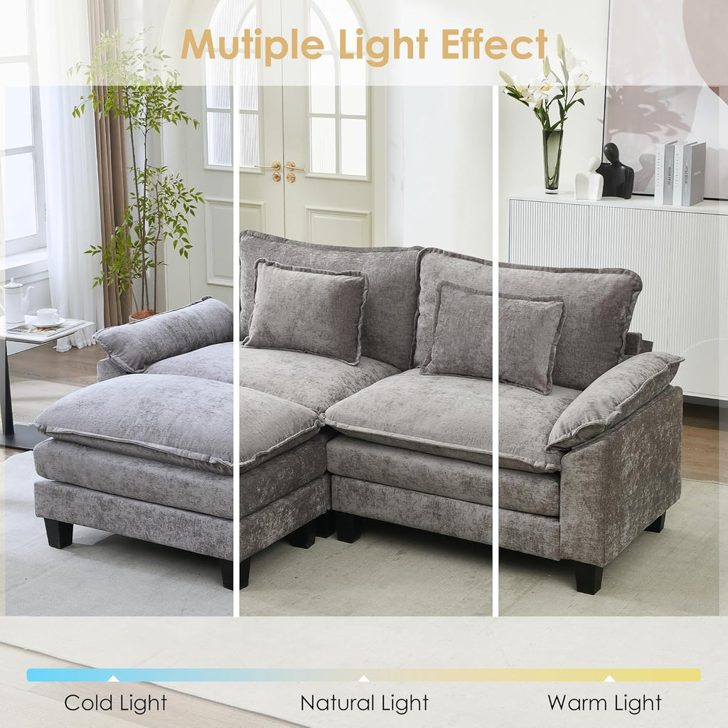 URRED Cloud Couch Modular Sectional Sofa, 87" Modern L Shaped Deep Seat Sofa with Ottoman & Pillows, Ultra Comfy Chenille Couches for Living Room, Bedroom or Apartment, Grey