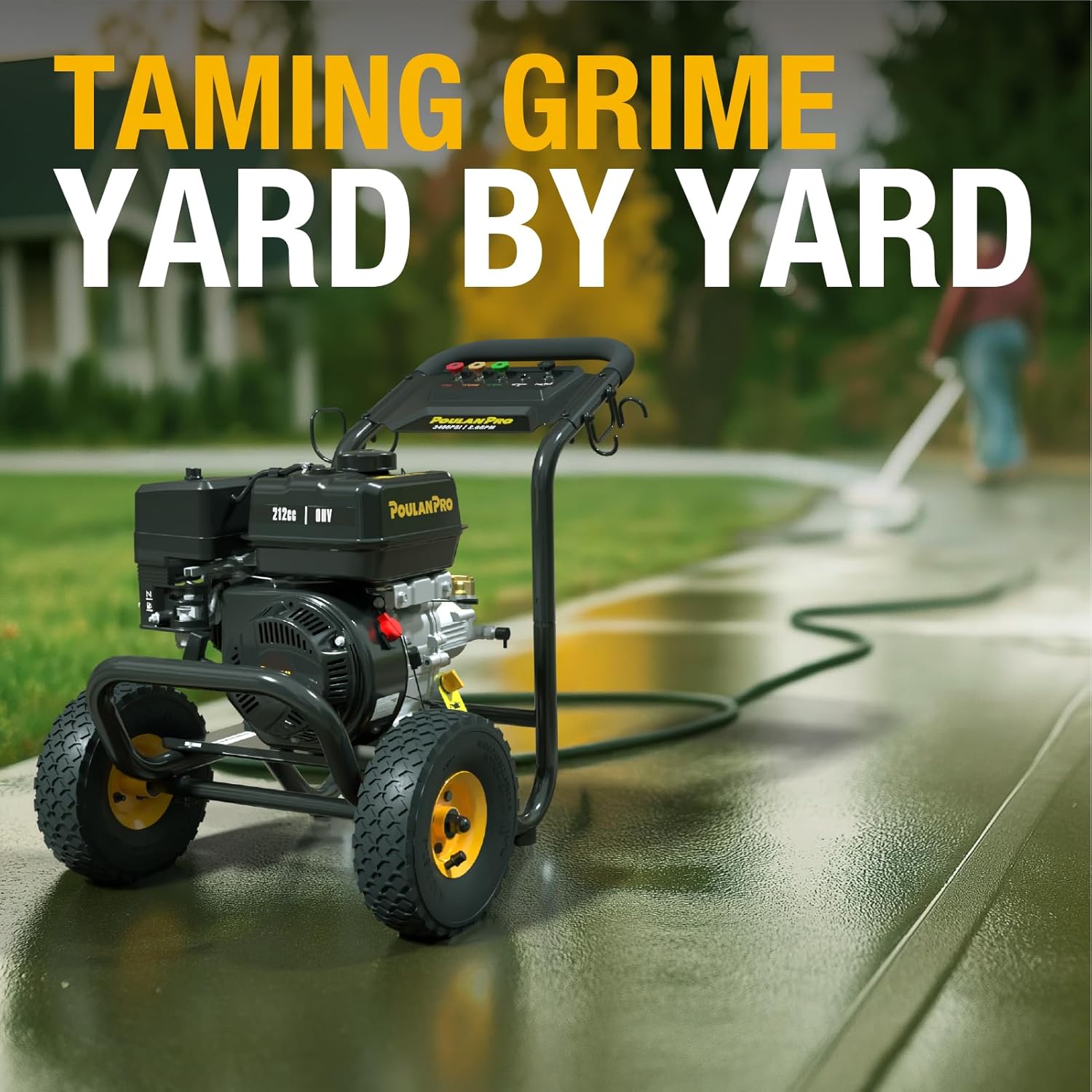 Poulan Pro Gas Pressure Washer  3400 PSI & 2.6 GPM  212cc 4-Cycle High Pressure Washer with 30ft Hose  21" Spray Lance  5 Nozzles for Cleaning Cars Driveways Patios Fences Furnitures