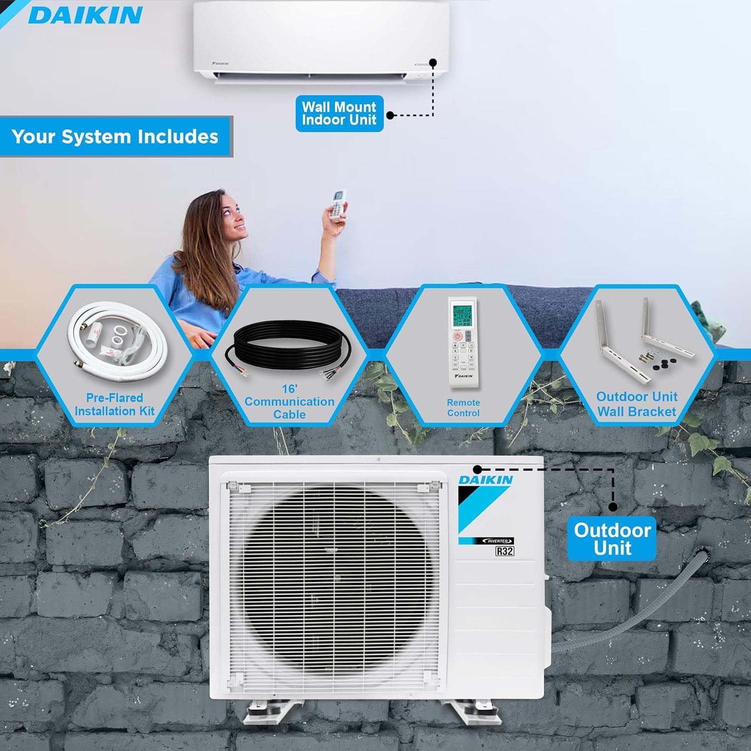 Daikin 18,000 BTU 18 SEER2 Entra R32 Series Ductless Mini Split Heat Pump System w/Maxwell All-Inclusive 15' Installation Kit and Wall Mounting Bracket (230V)