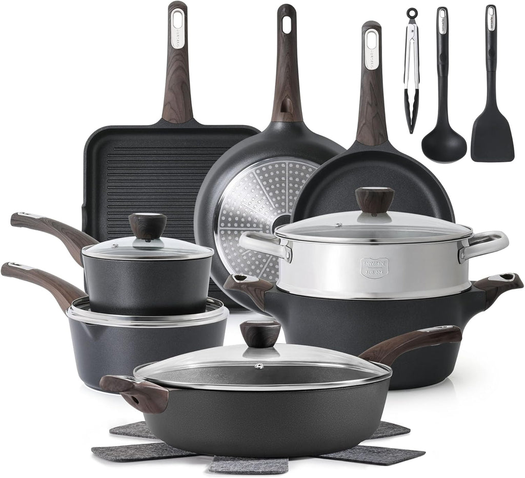 SENSARTE Pots and Pans Set Nonstick, 20 Pcs Induction Cookware Sets, Non-toxic Healthy Non Stick Kitchen Cooking Set with Stay-Cool Handles, PFOA PFOS Free, Black