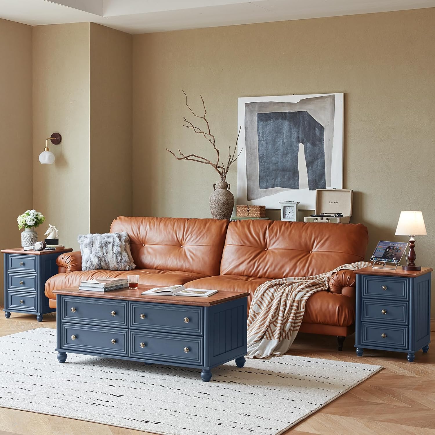 Farmhouse Dressers and Night Stand Set of 3, Wood 45''Tall Dresser and 18'' Chest of Drawers, Roman Column 3 Drawers Nightstand Set of 2, Bedroom Furniture Dresser Suites for Living Room, Hallway Home