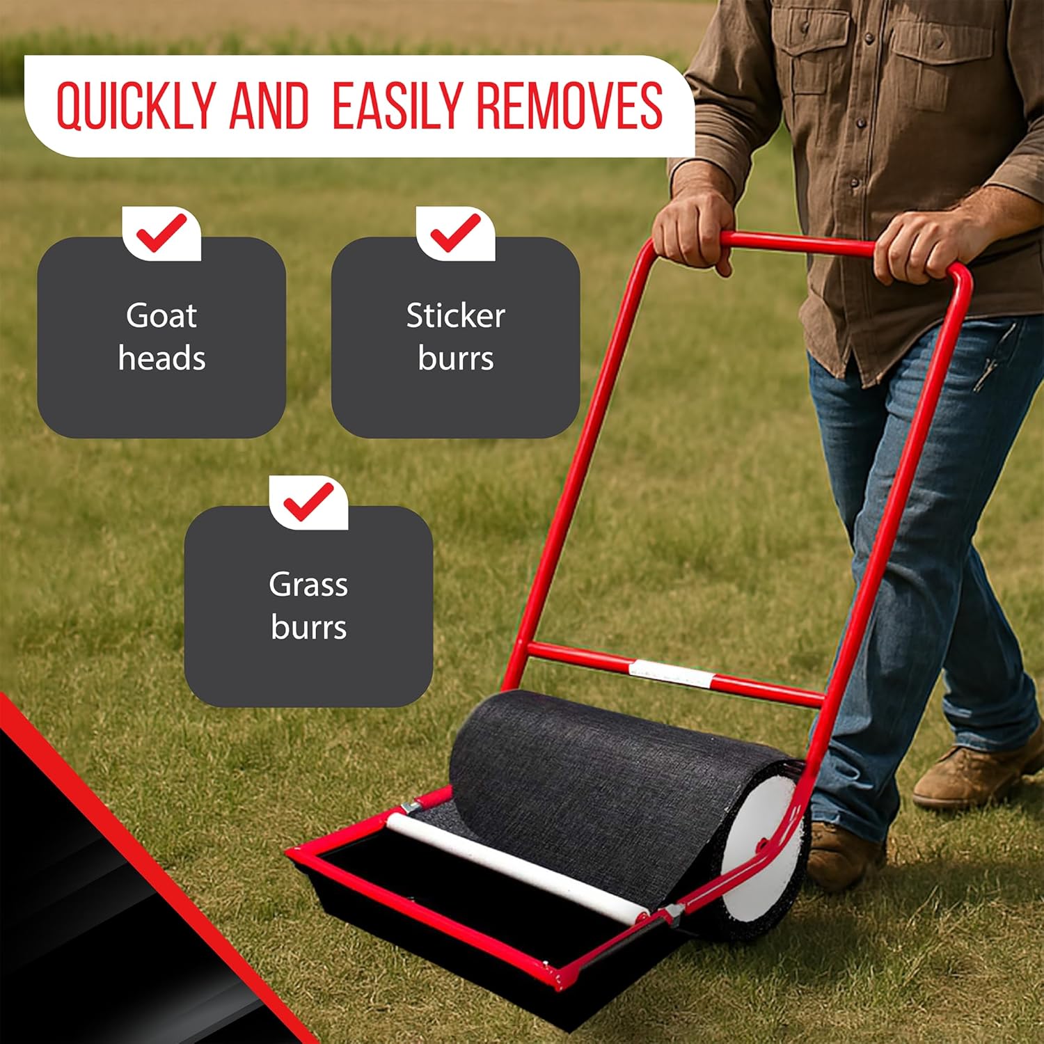 X-Large Remover Yard Tool Wide for Easy Yard Cleanup - Push Model 2.0 for Burr & Sticker Removal - Effortless Goat Head Roller and Picker - Made in USA (18" Extra Wide)