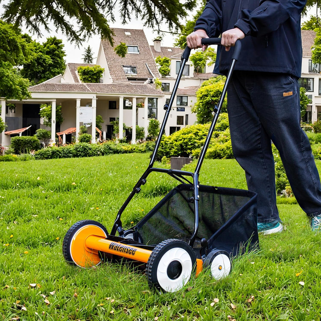 Walensee 20-Inch 5-Blade Push Reel Lawn Mower  Cordless Manual Reel Lawn Mower Walk-Behind Steel Lawn Mowers with Removable 11.8-Gallon Grass Catcher  Sponge Grip  9-Position Cutting Height Adjustment
